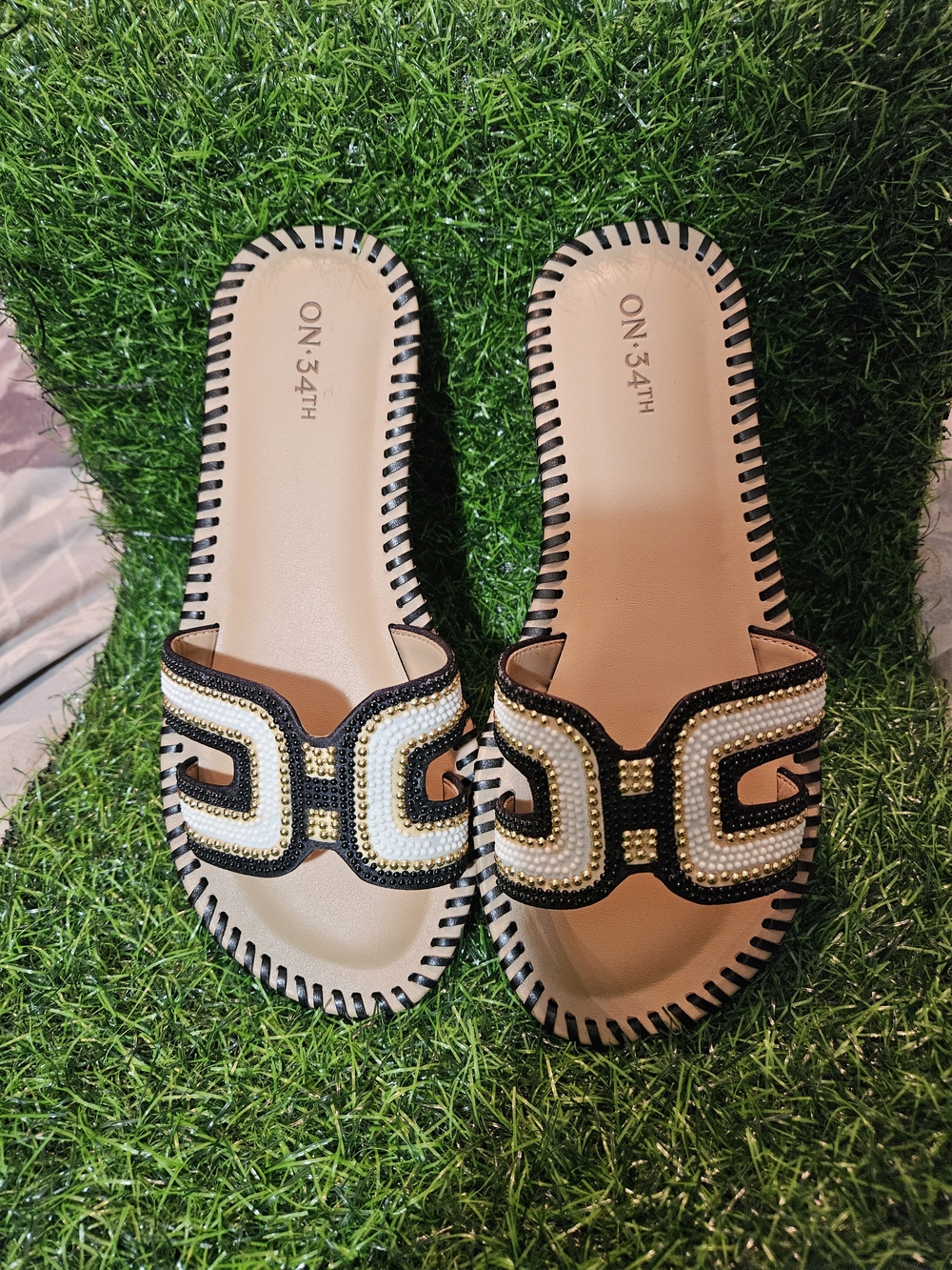 ON 34TH Beige and Black Beaded Slide Sandals